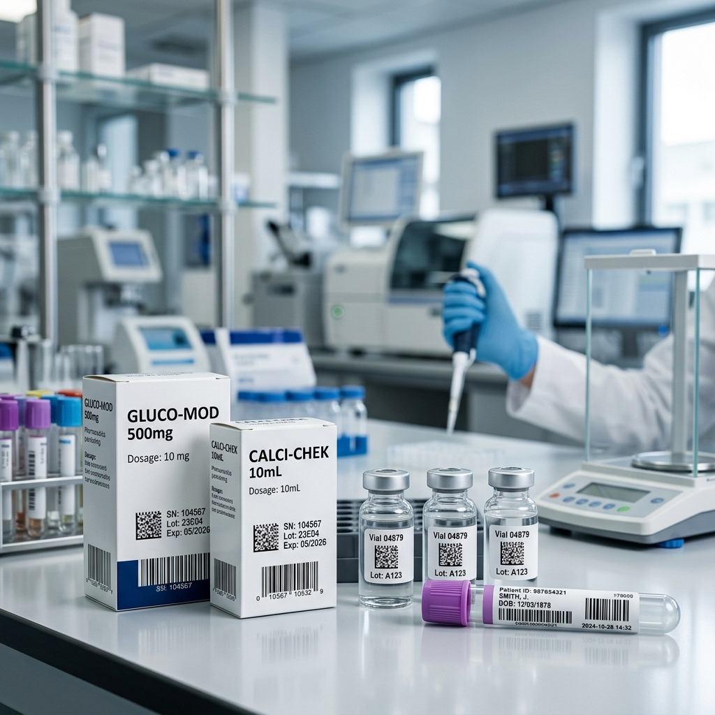 Medical barcode labels on pharmaceutical packaging and sample tubes
