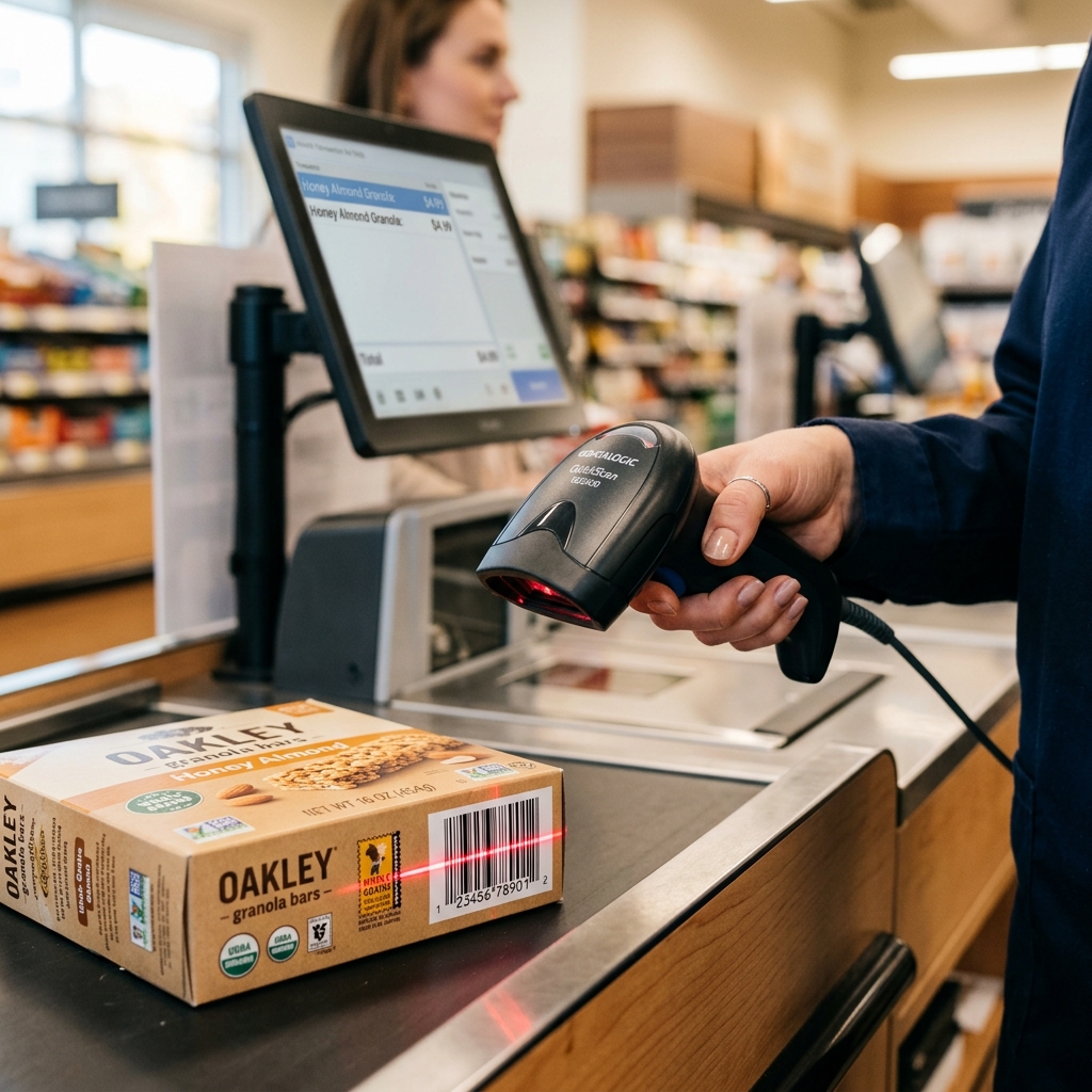 Retail store barcode scanning products at checkout